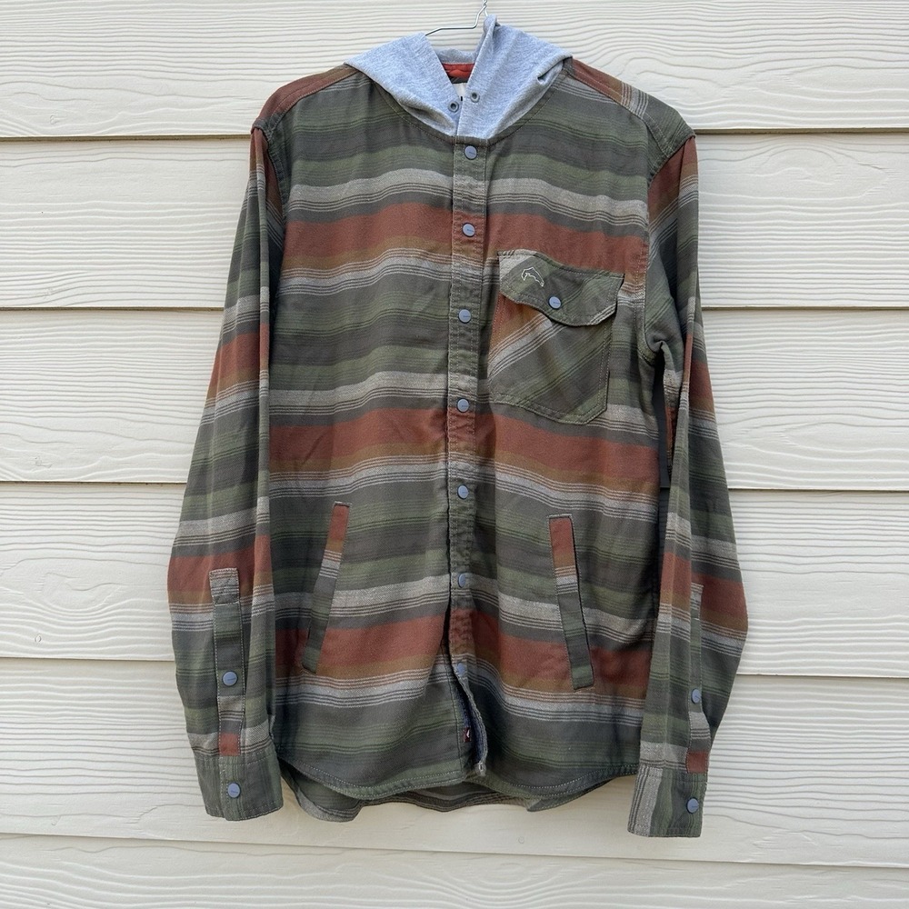 Simms Santee Flannel Hoody Men's Sz Small Clay/Cork‎ Stripe Hooded Snap Shirt